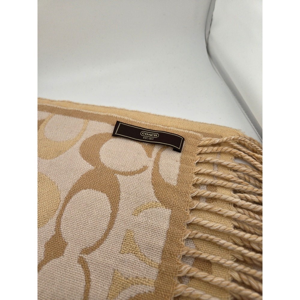 Coach Signature Monogram Jacquard Scarf Beige Cream Fringe Tassel Wrap - Picture 7 of 9